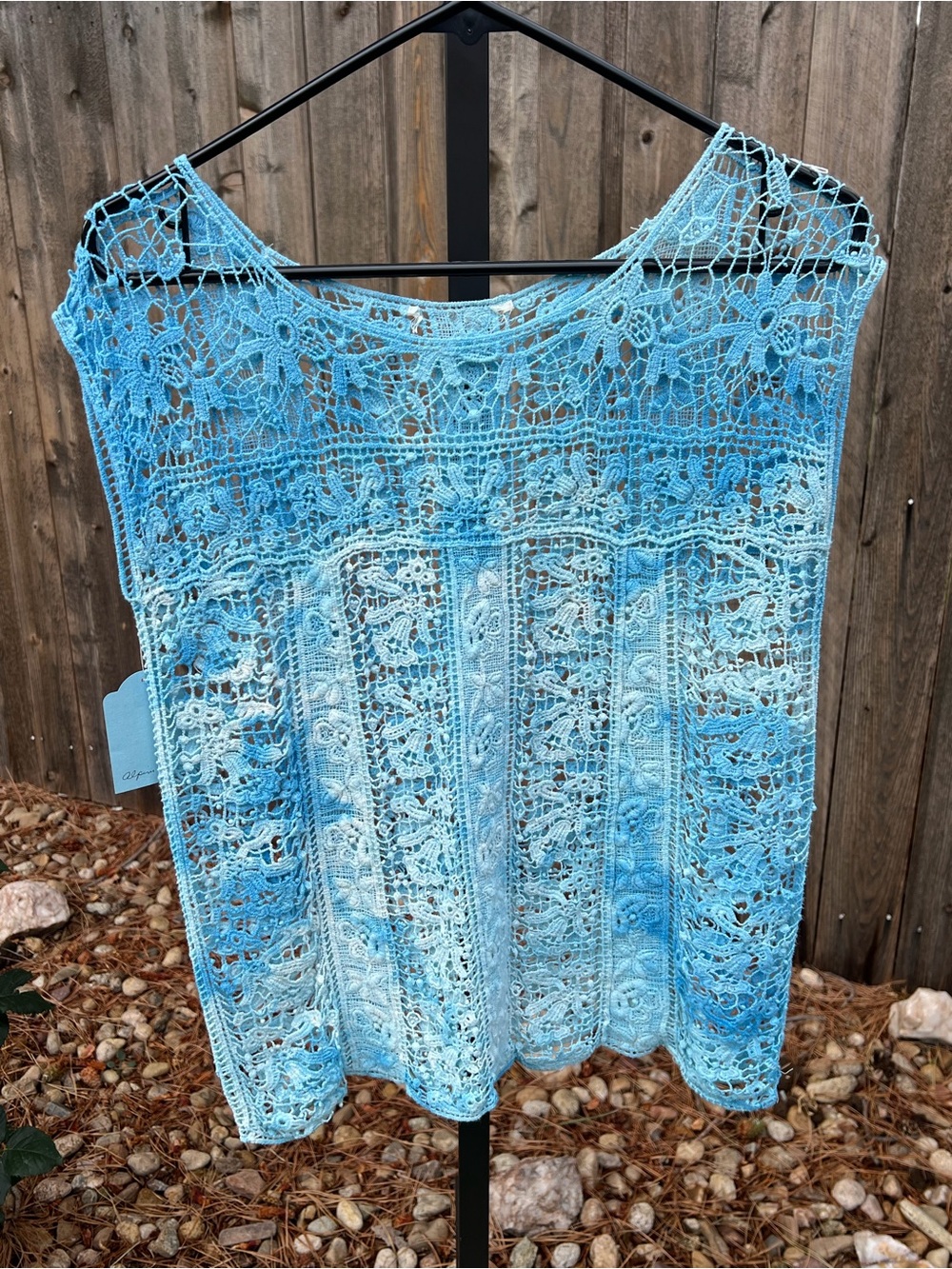 Hand-Crocheted Ice-Dyed Blue Ombre Lace Top